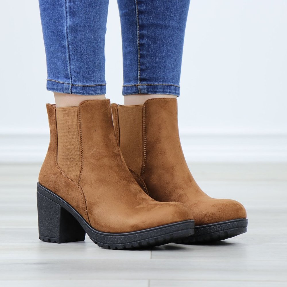 Chelsea Chunky Block High Heel Above Ankle Boots Brown Synthetic Suede - Picture 2 of 12